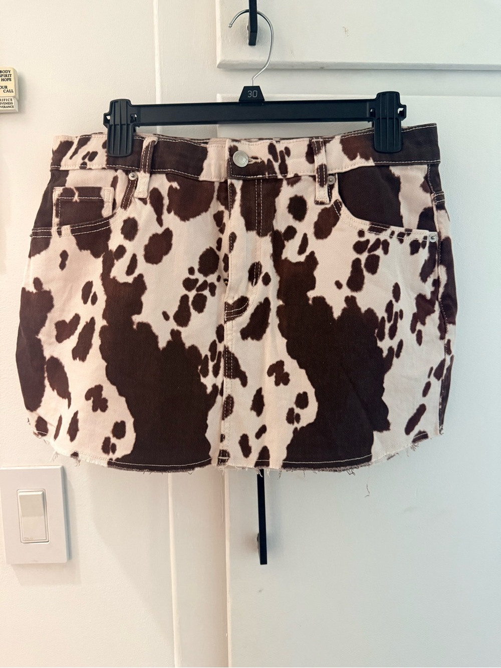 No Boundaries Cow-Print Denim Mini Skirt Brown and White